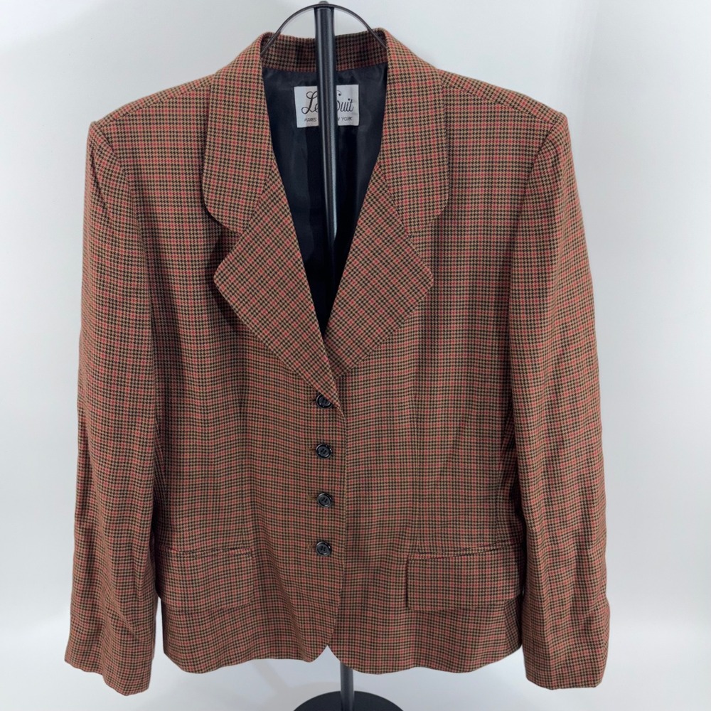 Le Suit Vintage Houndstooth Skirt Suit Set Brown Red Blazer 16 Skirt 12